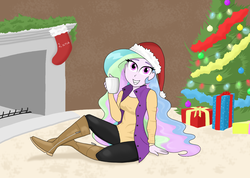Size: 2160x1536 | Tagged: safe, artist:iyoungsavage, princess celestia, principal celestia, equestria girls, g4, christmas, christmas tree, clothes, cute, female, fireplace, hat, holiday, long hair, looking at you, mug, santa hat, sitting, smiling, solo, tree