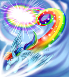 Size: 1024x1138 | Tagged: safe, artist:shamy-crist, rainbow dash, pony, g4, female, flying, mare, solo, sonic rainboom, spread wings, watermark, wings