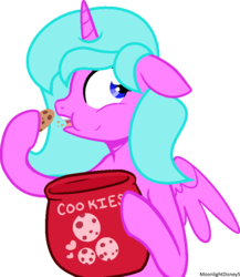 Size: 705x812 | Tagged: safe, artist:thatonefluffs, oc, oc only, oc:princess bubblegum, alicorn, pony, base used, cookie, cookie jar, female, food, mare, simple background, solo, transparent background