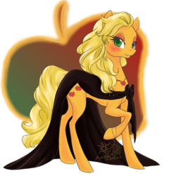 Size: 1000x1000 | Tagged: safe, artist:candasaurus, applejack, earth pony, pony, g4, alternate hairstyle, clothes, cutie mark background, dress, female, lidded eyes, looking at you, mare, raised hoof, simple background, solo, transparent background