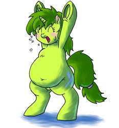 Size: 1119x1200 | Tagged: safe, artist:tuta suke, oc, oc only, oc:fork eat, pony, belly, belly button, big belly, bipedal, blushing, fat, female, obese, solo