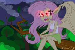 Size: 1024x683 | Tagged: dead source, safe, artist:wubcakeva, fluttershy, bat pony, equestria girls, g4, clothes, female, flutterbat, legs, night, open mouth, race swap, red eyes, sitting, skirt, solo, tank top, tree, tree branch