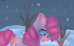 Size: 1680x1050 | Tagged: safe, artist:generallegion, pinkie pie, earth pony, pony, g4, bare tree, colored pupils, female, mare, snow, solo, tree, winter