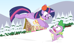 Size: 1250x750 | Tagged: safe, artist:dm29, spike, twilight sparkle, alicorn, dragon, pony, g4, catch, clothes, earmuffs, imminent glomp, scarf, snow, twilight sparkle (alicorn), winter, wintertime