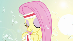 Size: 1280x720 | Tagged: safe, edit, edited screencap, screencap, fluttershy, g4, hurricane fluttershy, my little pony: friendship is magic, cute, dandelion, eyeshadow, forelegs crossed, headband, lip bite, makeup, shoulders, shyabetes, smiling, sun, sweatband, wristband