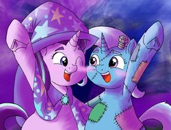 Size: 1199x913 | Tagged: safe, artist:tuta suke, artist:tuta_suke, starlight glimmer, trixie, pony, unicorn, g4, accessory swap, blushing, cape, clothes, costume, female, frankenstein's monster, halloween, halloween costume, hat, holiday, lesbian, looking at each other, mare, nightmare night, nightmare night costume, one eye closed, open mouth, open smile, raised hoof, ship:startrix, shipping, smiling, smiling at each other, trixie's cape, trixie's hat, wink