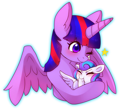 Size: 1200x1061 | Tagged: safe, artist:hosikawa, princess flurry heart, twilight sparkle, alicorn, pony, g4, aunt and niece, auntie twilight, cute, duo, flurrybetes, hoof sucking, one eye closed, simple background, spread wings, twiabetes, twilight is bae, twilight sparkle (alicorn), white background, wings, wink