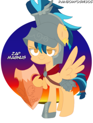Size: 2448x3264 | Tagged: safe, artist:rainbowyoshi305, flash magnus, indigo zap, pegasus, pony, g4, alternate hairstyle, armor, clothes, cosplay, costume, equestria girls ponified, female, helmet, high res, mare, netitus, ponified, shield, simple background, transparent background