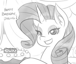 Size: 600x500 | Tagged: safe, artist:dwk, artist:reiduran, rarity, pony, unicorn, g4, birthday, birthday cake, bust, cake, ear fluff, female, food, grayscale, heart, mare, monochrome, solo