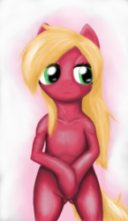 Size: 980x1687 | Tagged: safe, artist:ohmbennie, big macintosh, earth pony, semi-anthro, g4, cute, female, macabetes, macareina, rule 63, rule63betes, simple background, solo