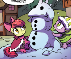 Size: 1056x875 | Tagged: safe, artist:brenda hickey, idw, apple bloom, princess ember, spike, dragon, earth pony, pony, g4, spoiler:comic, spoiler:comicholiday2017, cropped, female, male, ship:spikebloom, shipping, snow dragon, snowman, straight