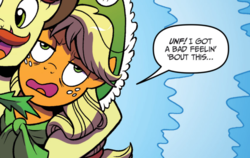 Size: 1172x743 | Tagged: safe, artist:brenda hickey, idw, applejack, flam, g4, spoiler:comic, spoiler:comicholiday2017, cropped, out of context, solo focus, unf