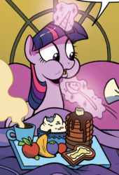 Size: 731x1078 | Tagged: safe, artist:brenda hickey, idw, twilight sparkle, alicorn, pony, g4, spoiler:comic, spoiler:comicholiday2017, apple, aweeg*, banana, bread, breakfast, breakfast in bed, butter, chubby cheeks, cropped, eating, female, food, fruit, herbivore, levitation, magic, mare, open mouth, pancakes, puffy cheeks, telekinesis, toast, twiggy piggy, twilight sparkle (alicorn)