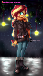Size: 4000x7000 | Tagged: safe, artist:katakiuchi4u, sunset shimmer, equestria girls, g4, belt, boots, clothes, female, jacket, looking at you, night, patreon, patreon logo, scarf, shoes, sky, solo, stars, winter