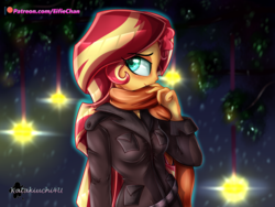 Size: 4000x3000 | Tagged: safe, artist:katakiuchi4u, sunset shimmer, equestria girls, g4, close-up, clothes, female, jacket, looking at you, night, patreon, patreon logo, scarf, solo, stars, winter