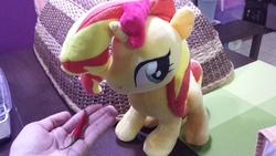 Size: 4128x2322 | Tagged: safe, artist:onlyfactory, photographer:horsesplease, sunset shimmer, human, pony, unicorn, g4, bootleg, chilli, feeding, female, food, hand, irl, malaysia, mare, photo, plushie, silly, silly pony, spicy