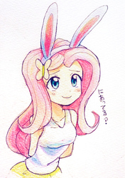 Size: 846x1200 | Tagged: safe, artist:ryuu, edit, fluttershy, equestria girls, g4, blushing, bunny ears, clothes, cute, daaaaaaaaaaaw, female, japanese, shyabetes, simple background, solo, tank top, traditional art, white background