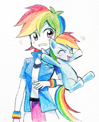 Size: 973x1200 | Tagged: safe, artist:ryuu, rainbow dash, human, pony, equestria girls, g4, clothes, colored pencil drawing, cute, dashabetes, duo, duo female, female, human ponidox, missing cutie mark, self ponidox, simple background, skirt, traditional art, white background