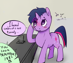 Size: 1234x1069 | Tagged: safe, artist:deer in a skirt, twilight sparkle, pony, unicorn, g4, alternate hairstyle, blushing, dialogue, female, mare, offscreen character, raised hoof, speech bubble