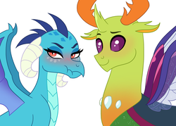 Size: 1023x731 | Tagged: safe, artist:cascayd, princess ember, thorax, changedling, changeling, dragon, g4, blushing, female, interspecies, king thorax, male, scrunchy face, ship:embrax, shipping, straight, tsundember, tsundere