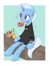 Size: 768x1024 | Tagged: safe, artist:kagitsuki, trixie, pony, g4, clothes, cookie, ear piercing, female, food, jewelry, necklace, piercing, sitting, solo, watch, wristwatch