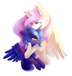 Size: 847x901 | Tagged: safe, artist:twinkepaint, princess celestia, princess luna, alicorn, pony, g4, chest fluff, crying, female, heart, hug, mare, royal sisters, simple background, sisters, transparent background, younger