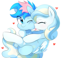 Size: 1600x1500 | Tagged: safe, artist:maren, oc, oc only, oc:blue chewings, oc:sky sherbet, pony, couple, cute, eyes closed, female, kissing, male, mare, oc x oc, ocbetes, shipping, simple background, smiling, stallion, straight, white background