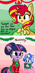 Size: 1280x2630 | Tagged: safe, artist:tjpones, sci-twi, sunset shimmer, twilight sparkle, oc, oc:sparkling sapphire, pony, unicorn, series:sciset diary, g4, baby, baby pony, christmas, christmas sweater, clothes, comic, cute, female, glowing horn, holiday, horn, lesbian, looking at each other, magic, magical lesbian spawn, mare, offspring, open mouth, parent:sci-twi, parent:sunset shimmer, parents:scitwishimmer, pun, shimmerbetes, ship:sci-twishimmer, ship:sunsetsparkle, shipping, sweater, telekinesis, trio, twiabetes