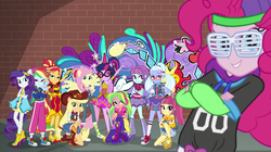 Size: 1912x1072 | Tagged: safe, screencap, applejack, fluttershy, lemon zest, pinkie pie, rainbow dash, rarity, sci-twi, sour sweet, sugarcoat, sunny flare, sunset shimmer, twilight sparkle, equestria girls, equestria girls specials, g4, my little pony equestria girls: dance magic, armpits, converse, crossed arms, crystal prep shadowbolts, cute, eyes closed, female, graffiti, grin, humane five, humane seven, humane six, mc pinkie, rapper dash, rapper pie, shoes, smiling, sneakers