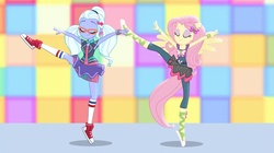 Size: 1912x1072 | Tagged: safe, screencap, fluttershy, sugarcoat, equestria girls, equestria girls specials, g4, my little pony equestria girls: dance magic, ballet, ballet slippers, clothes, converse, dancing, eyes closed, female, glasses, pigtails, pointe, ponied up, shoes, skirt, skirt lift, sneakers, socks, sugarcoat tutu, tutu, tutus, twintails