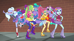 Size: 1912x1072 | Tagged: safe, screencap, lemon zest, sour sweet, sugarcoat, sunny flare, dance magic, equestria girls, g4, spoiler:eqg specials, adoraflare, boots, clothes, converse, crystal prep shadowbolts, cute, cutie mark, ear piercing, earring, eyes closed, female, freckles, glasses, graffiti, group, headphones, heart, high heel boots, high heels, jewelry, legs, open mouth, piercing, pigtails, pointe, ponytail, raised leg, shoes, skirt, skirt lift, sneakers, socks, sourbetes, sugarcute, tutu, twintails, wristband, zestabetes