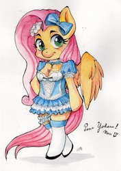 Size: 2271x3216 | Tagged: safe, artist:cécifolle, fluttershy, anthro, g4, arm hooves, bipedal, blushing, bow, clothes, commission, corset, cute, female, high res, looking at you, shyabetes, smiling, solo, spread wings, stockings, thigh highs, traditional art, wings