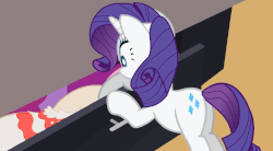 Size: 969x534 | Tagged: safe, artist:forgalorga, rarity, pony, unicorn, your little pets, g4, animated, behaving like a cat, caught, female, gif, mare, offscreen character, raricat, solo