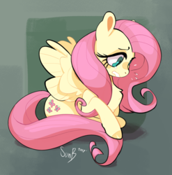 Size: 1024x1035 | Tagged: safe, artist:sunbusting, fluttershy, pegasus, pony, g4, chest fluff, female, looking away, looking down, mare, nervous, shy, sitting, solo, spread wings, sweat, sweatdrops, wavy mouth, wings