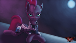 Size: 3840x2160 | Tagged: safe, artist:tsaritsaluna, tempest shadow, pony, unicorn, g4, my little pony: the movie, armor, broken horn, crossed hooves, eye scar, female, high res, horn, lidded eyes, looking at you, mare, moon, prone, scar, unimpressed
