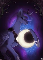 Size: 1024x1420 | Tagged: safe, artist:xaneas, princess luna, alicorn, pony, g4, crescent moon, eyes closed, female, horseshoes, mare, moon, smiling, solo, tangible heavenly object