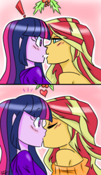 Size: 888x1529 | Tagged: safe, artist:ajdudebro, sunset shimmer, twilight sparkle, equestria girls, g4, 2 panel comic, blushing, christmas, clothes, comic, female, heart, holiday, holly, holly mistaken for mistletoe, kissing, lesbian, looking at each other, off shoulder, ship:sunsetsparkle, shipping