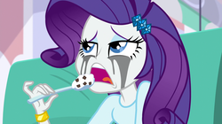 Size: 1912x1072 | Tagged: safe, screencap, rarity, equestria girls, equestria girls specials, g4, my little pony equestria girls: dance magic, bracelet, comfort eating, crying, eating, female, food, ice cream, jewelry, makeup, marshmelodrama, mascara, mascarity, nom, open mouth, rarity being rarity, running makeup, sad, solo, spoon