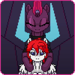 Size: 300x300 | Tagged: safe, artist:imreer, tempest shadow, oc, g4, my little pony: the movie, animated, blinking, eye scar, eyes closed, glare, glowing horn, hooves together, horn, pixel art, scar, ych result