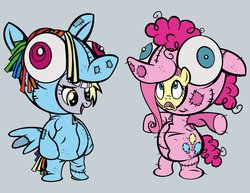 Size: 1200x928 | Tagged: safe, artist:pixelkitties, derpy hooves, fluttershy, pinkie pie, rainbow dash, g4, bipedal, clothes, cosplay, costume, duo