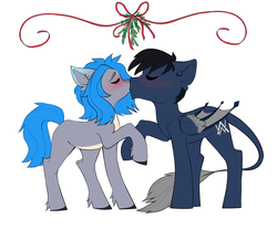 Size: 3616x3000 | Tagged: safe, artist:sugarstar, oc, oc only, earth pony, pegasus, pony, blushing, commission, eyes closed, female, high res, hoof hold, kissing, leonine tail, male, mare, mistletoe, simple background, stallion, standing, straight, white background, wings