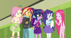 Size: 1280x679 | Tagged: safe, edit, edited edit, edited screencap, editor:slayerbvc, screencap, fluttershy, pinkie pie, rarity, sci-twi, sunset shimmer, twilight sparkle, bird, equestria girls, g4, monday blues, my little pony equestria girls: summertime shorts, backpack, boots, clothes, clothing damage, hallway, hoodie, leotard, magical geodes, makeup, nest, one-piece swimsuit, pinkamena diane pie, running makeup, shoes, swimsuit, swimsuit edit, towel, waving, wet clothes, wet hair