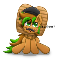 Size: 4000x4000 | Tagged: safe, alternate version, artist:sol-r, oc, oc only, oc:french toast, earth pony, pony, absurd resolution, bread, bread head, clothes, costume, dialogue, ear fluff, facial hair, female, food, hat, mare, moustache, multicolored hair, multicolored mane, multicolored tail, nightmare night costume, simple background, sitting, solo, toast, transparent background, vector