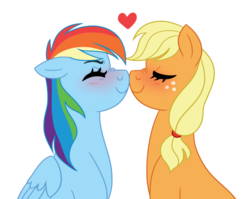 Size: 1024x814 | Tagged: safe, artist:cascayd, applejack, rainbow dash, earth pony, pegasus, pony, g4, blushing, boop, duo, eyes closed, female, heart, lesbian, mare, nose wrinkle, noseboop, ship:appledash, shipping, simple background, white background