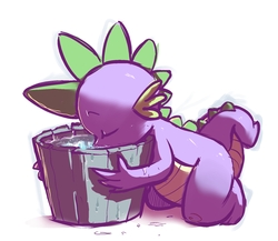 Size: 1794x1555 | Tagged: safe, artist:gsphere, spike, dragon, g4, bucket, drinking, eyes closed, kneeling, male, simple background, solo, water, white background