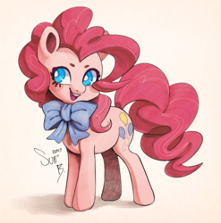 Size: 1195x1208 | Tagged: dead source, safe, artist:sunbusting, pinkie pie, earth pony, pony, g4, bow, cute, diapinkes, female, mare, open mouth, signature, simple background, smiling, solo, standing