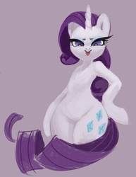 Size: 744x966 | Tagged: safe, artist:sunbusting, rarity, pony, unicorn, semi-anthro, g4, bipedal, female, hind legs, hips, legs together, looking at you, mare, purple background, simple background, solo, tongue out, wide hips