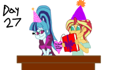 Size: 1183x675 | Tagged: safe, artist:bigpurplemuppet99, sonata dusk, sunset shimmer, equestria girls, g4, birthday, female, lesbian, ship:sunata, shipping, simple background, transparent background