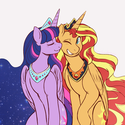 Size: 1800x1800 | Tagged: safe, artist:overlordneon, sunset shimmer, twilight sparkle, alicorn, pony, alicornified, crown, duo, ethereal mane, eyes closed, female, jewelry, lesbian, mare, necklace, one eye closed, race swap, regalia, shimmercorn, shipping, simple background, smiling, starry mane, sunsetsparkle, twilight sparkle (alicorn), ultimate twilight, white background