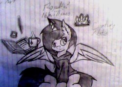 Size: 506x361 | Tagged: safe, artist:fanliterature101, oc, oc only, oc:century note, alicorn, pony, alicorn oc, aside glance, book, clothes, coffee, crown, ear fluff, hoodie, jewelry, levitation, lined paper, low quality, magic, mug, pen, regalia, sitting, solo, spread wings, telekinesis, traditional art, wings